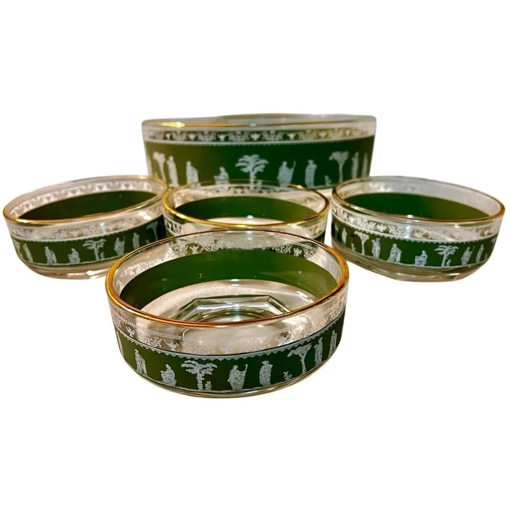 Vintage Jeanette HELLENIC GREEN WEDGEWOOD GREEK Glass Bowl Set